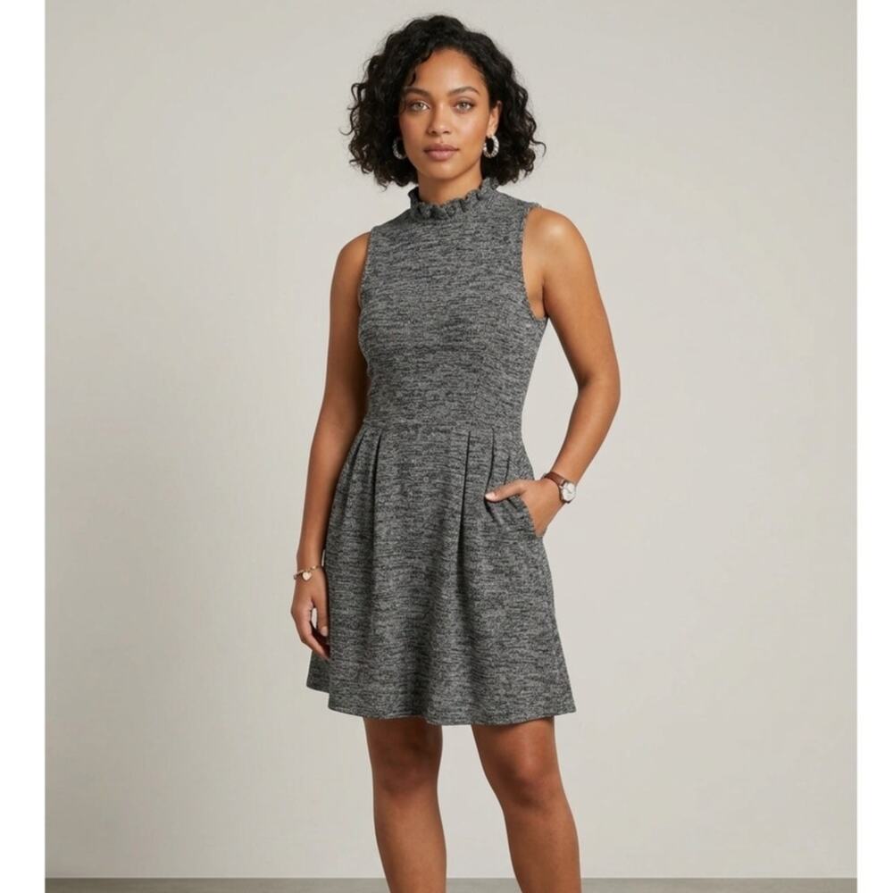 Ganni Tweed Knit Mock Neck Ruffle Mini Dress Womens Medium Sleeveless Pockets